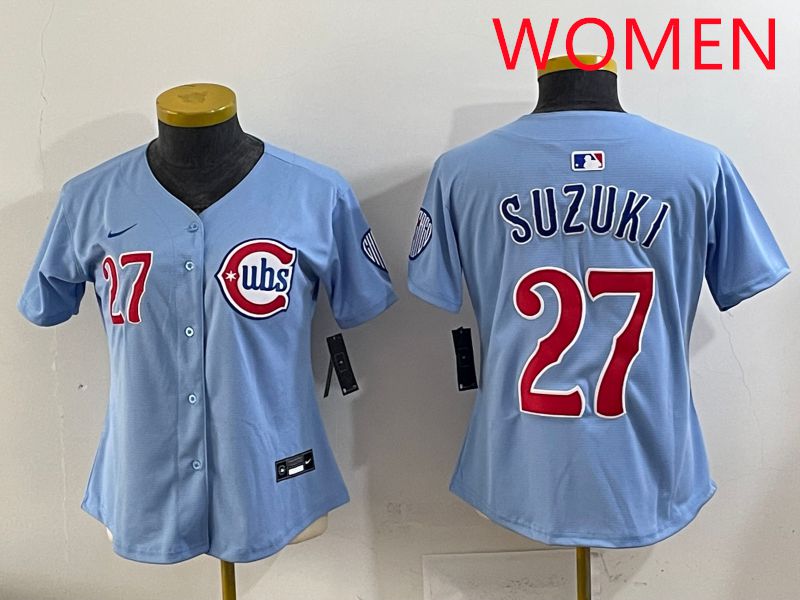 Women 2025 Chicago Cubs #27 Suzuki Light Blue Game Nike MLB Jersey style 1->women mlb jersey->Women Jersey